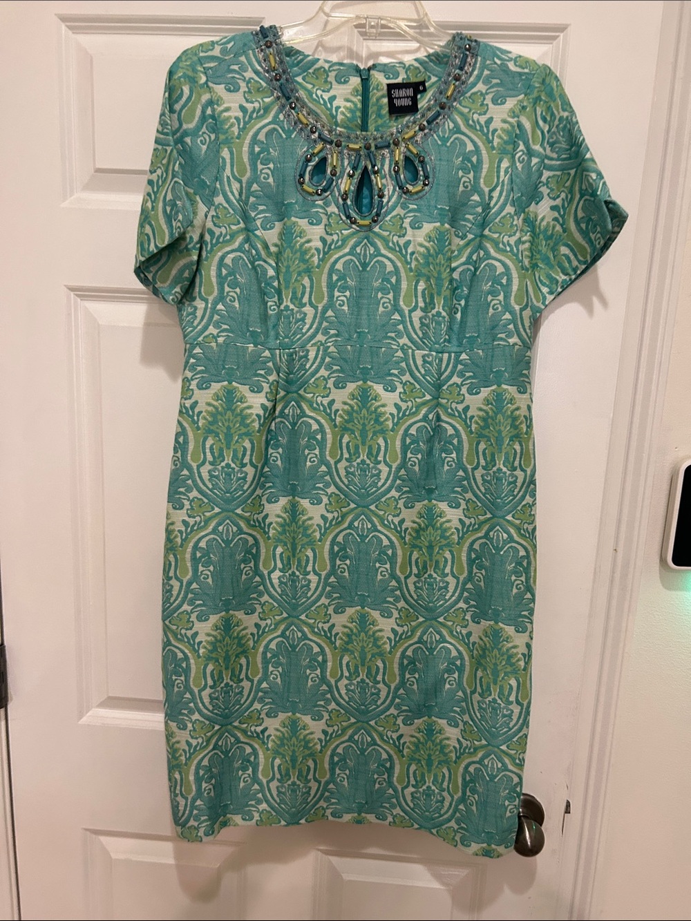 Sandra Darren Teal and Lime Jeweled-Neck Mini Dress